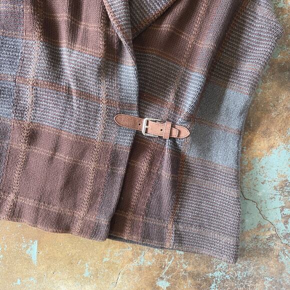 Lauren Ralph Lauren Plaid Vest Size M Brown Buckle Old Money Knit Sweater Shawl - Picture 6 of 9